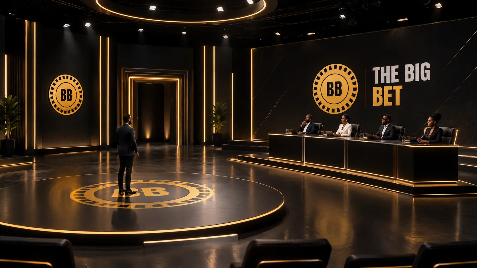 The Big Bet studio set design, showing a founder on stage before the four investors